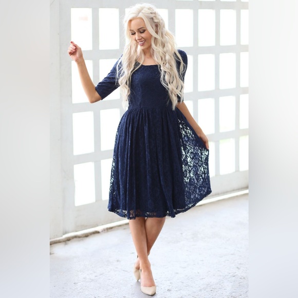 Mikarose Navy Blue Lace 3/4 Sleeve Modest Knee Length Dress | Size M - Picture 2 of 9